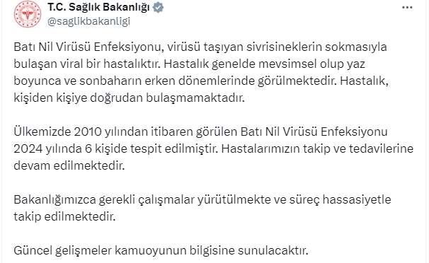 Son dakika: Sağlık Bakanlığı Batı Nil Virüsü Enfeksiyonu hakkında açıklama yaptı