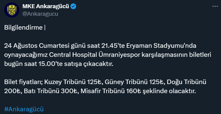 MKE Ankaragücü - Central Hospital Ümraniyespor maçının yeri ve bilet fiyatları belli oldu