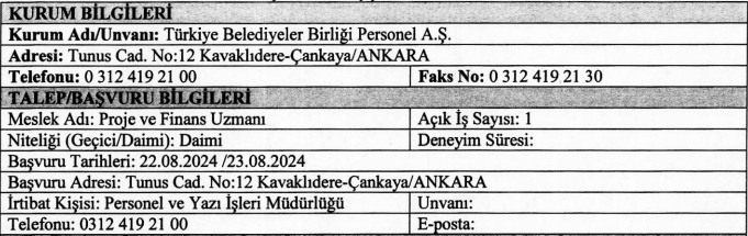 Türkiye Belediyeler Birliği Ankara’da daimi personel alıyor