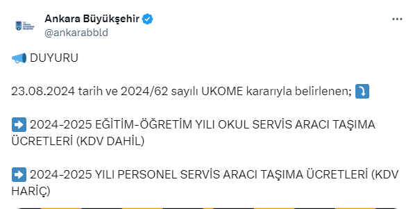 ABB UKOME kararı ile Ankara'da servis ücretlerine zam geldiğini duyurdu