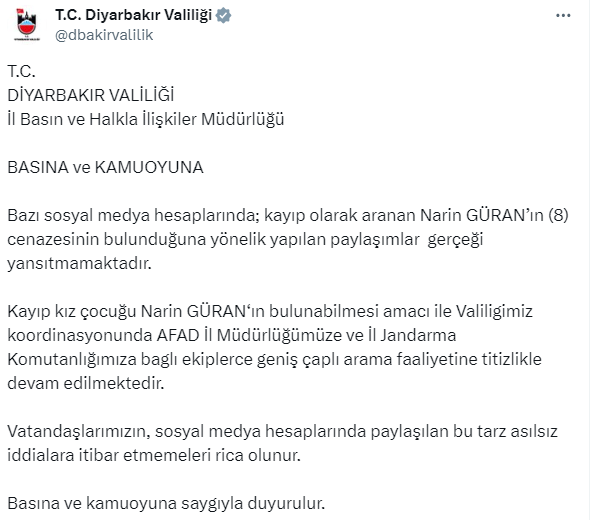 Diyarbakır Valiliği'nden Narin Güran'ın cenazesi bulunduğu paylaşımlarına yönelik açıklama