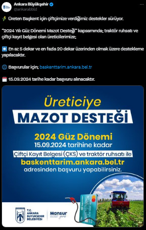 Ankara Büyükşehir Belediyesi çiftçilere mazot desteği verecek!