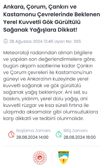 Ankara’ya akşam 18.00’e kadar kuvvetli sağanak yağış uyarısı verildi