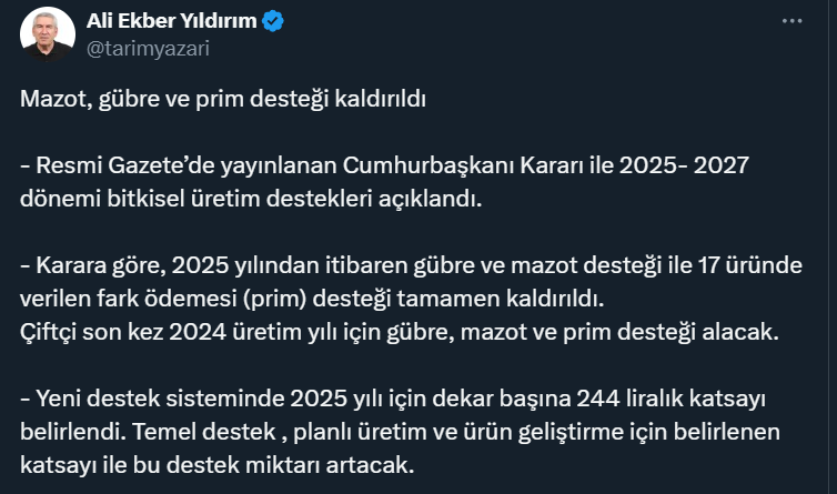 Tarım ve Orman Bakanlığı Çiftçilere mazot ve gübre desteğinin kaldırılacağı iddialarını yalanladı