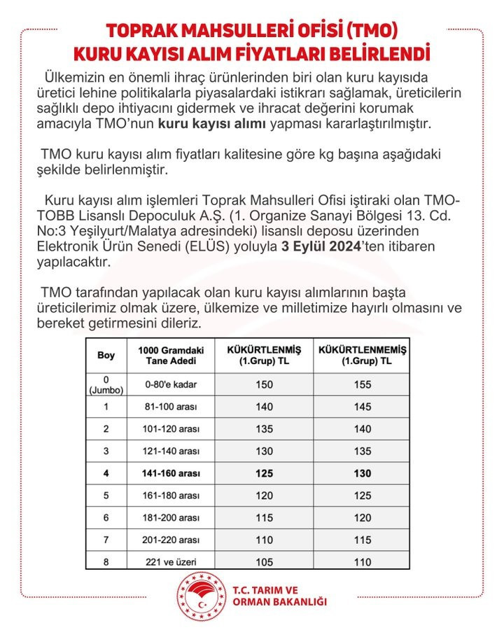 TMO kuru kayısı alım fiyatları açıklandı