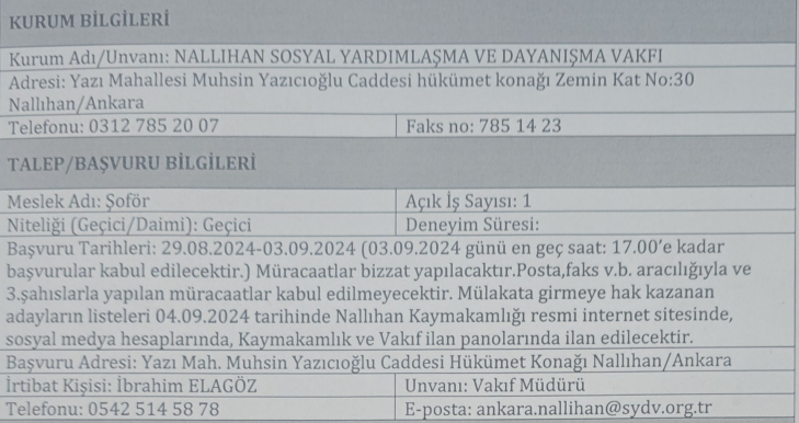 Ankara’da SYD Vakfına şoför alımı başvuruları başladı