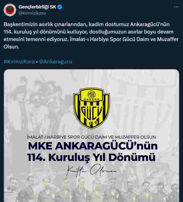 Gençlerbirliği ezeli rakibi Ankaragücü'nün kuruluş yıl dönümünü kutladı