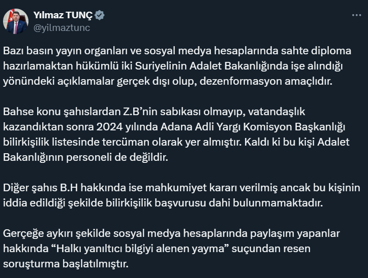 Bakan Tunç'tan Suriyelileri işe aldıkları iddiasına yalanlama geldi