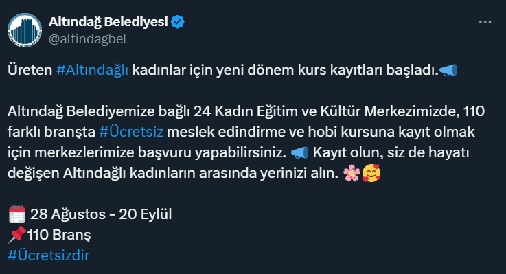 Altındağ Belediyesi kadınlar için yeni dönem kurs kayıtlarını başlattı