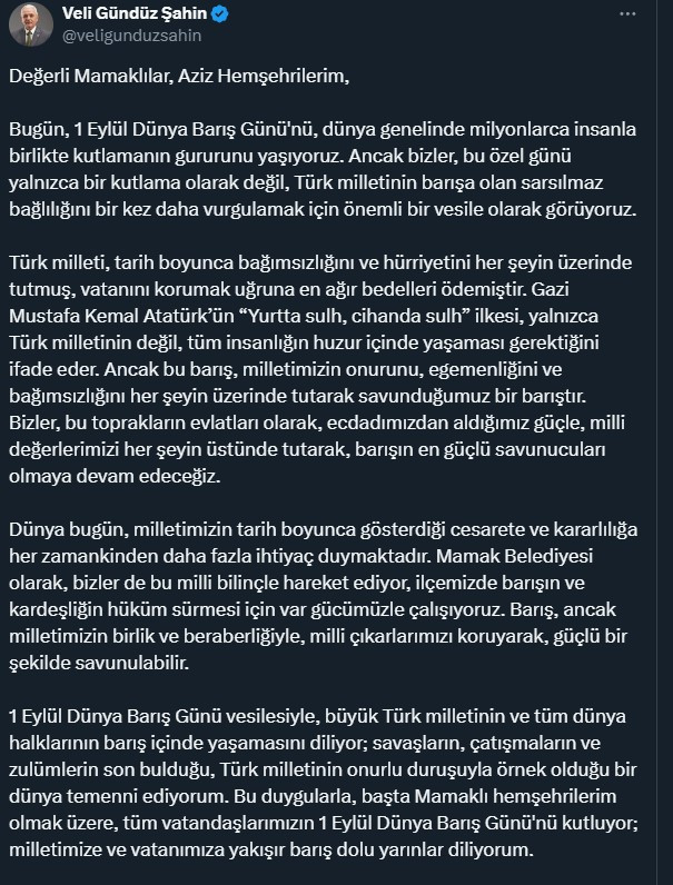 Mamak Belediye Başkanı Şahin'den Dünya Barış Günü mesajı