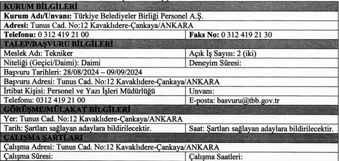 Türkiye Belediyeler Birliği’ne KPSS’siz tekniker alımı yapılacak