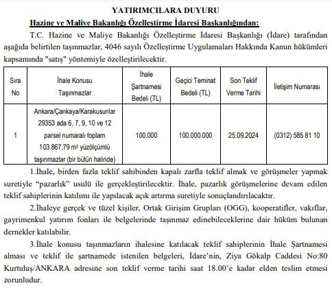 Ankara Çankaya'da Özelleştirme İdaresi'nden satılık yatırımlık arsa