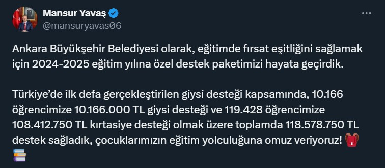 ABB Başkanı Yavaş Türkiye'de ilk defa öğrencilere giysi desteğinde bulunduklarını açıkladı