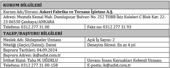 Ankara Askeri Fabrika ve Tersane İşletmesine daimi personel alınıyor