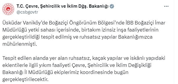 Bakanlıktan Vaniköy'deki kaçak villa için yıkım kararı