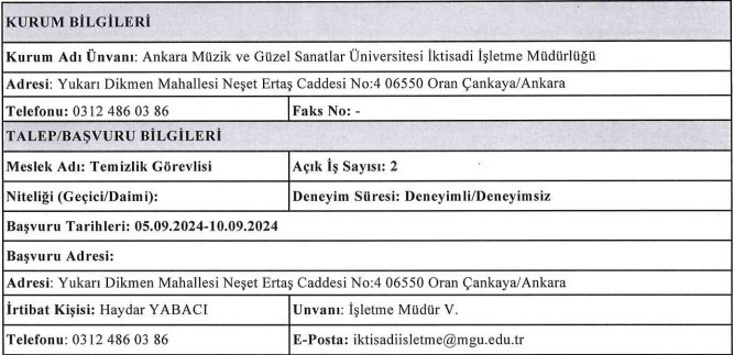 Ankara Müzik ve Güzel Sanatlar Üniversitesi’ne temizlik görevlisi alınıyor