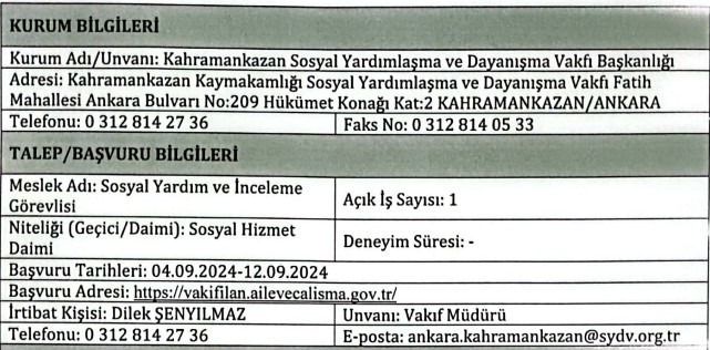 Ankara’da SYD Vakfına daimi kamu işçisi alınacak!