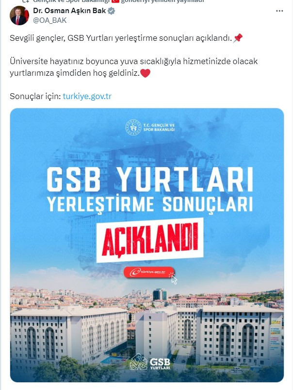 Bakan Bak duyurdu: GSB KYK Yurtları yerleştirme sonuçları açıklandı