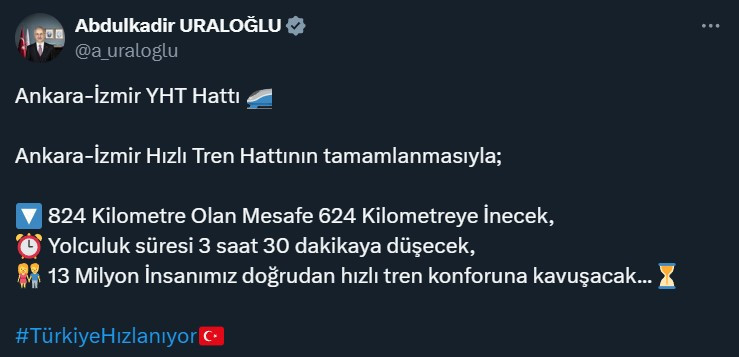 Bakan Uraloğlu Ankara-İzmir YHT Hattının 13 Milyon insanı etkileyeceğini söyledi