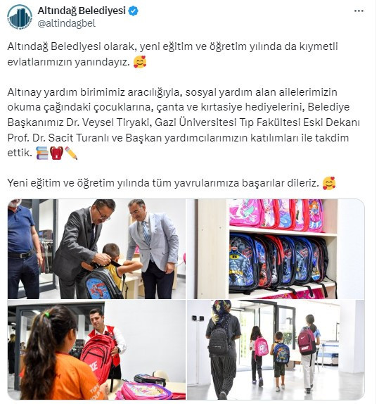 Altındağ Belediyesi'nden okul öncesi öğrencilere çanta ve kırtasiye hediyesi