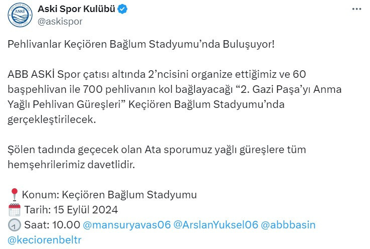 ABB Aski Spor'dan 2. Gazi Paşa’yı Anma Yağlı Pehlivan Güreşleri duyurusu