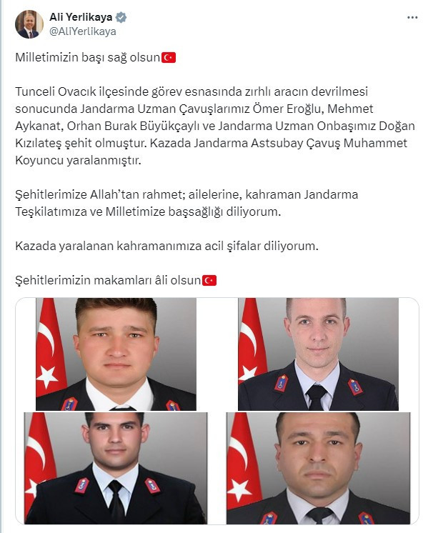 Tunceli Ovacık'ta askeri aracın devrilmesi sonucu 4 askerimiz şehit oldu