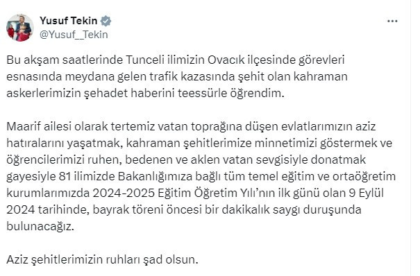 Bakan Tekin okullarda şehitler için saygı duruşunda bulunulacağını duyurdu