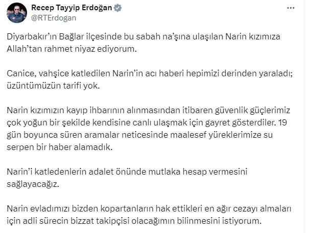 Cumhurbaşkanı Erdoğan: Narin’i katledenlerin adalet önünde hesap vermesini sağlayacağız