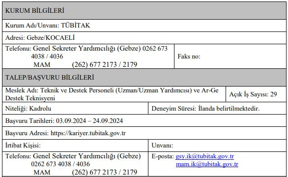 TÜBİTAK teknik ve destek personeli alacak
