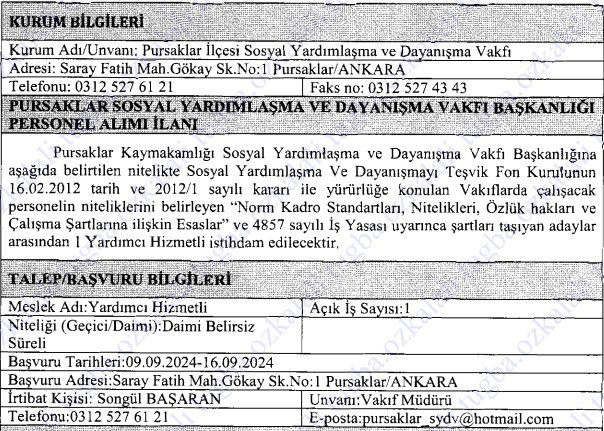 Pursaklar SYD Vakfına yardımcı hizmetli alacak