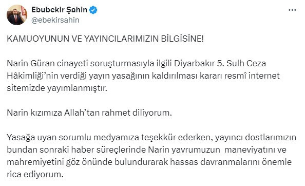 RTÜK Başkanı Şahin duyurdu: Narin Güran cinayeti soruşturmasına ilişkin yayın yasağı kaldırıldı