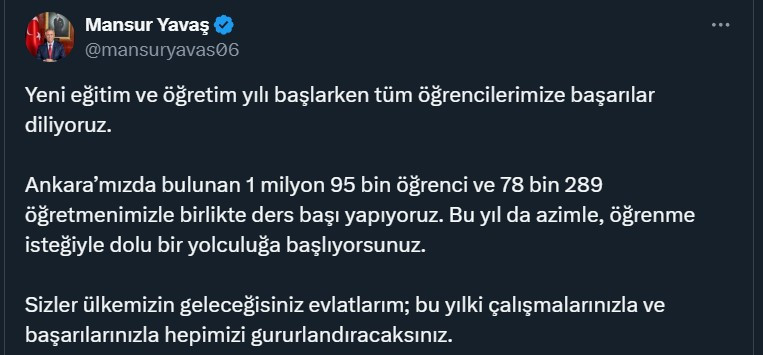 ABB Başkanı Yavaş yeni eğitim öğretim dönemi mesajı paylaştı