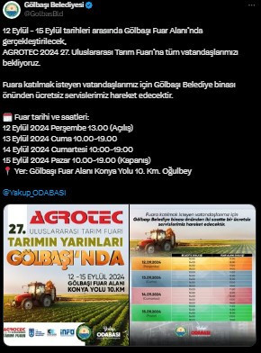 Gölbaşı Belediyesi'nin düzenlediği AGROTEC 2024 Tarım Fuarı yarın bitiyor