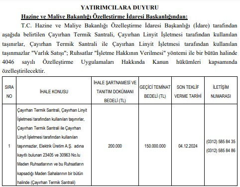 Çayırhan Termik Santrali özelleştirme kararı Resmi Gazete'de!