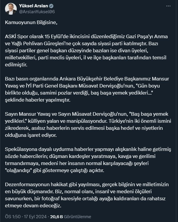 ASKİ Spor Başkanı Arslan, ABB Başkanı Yavaş ve Müsavat Dervişoğlu hakkındaki iddiaları yalanladı