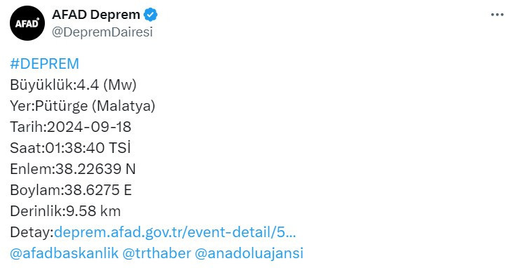 AFAD son dakika Malatya Pütürge depremi açıklaması!