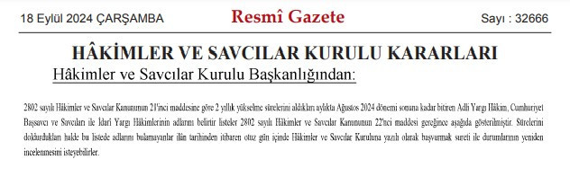 Resmi Gazete'de hakim ve savcıların görevde yükselme kararları ve isim listeleri yayınlandı