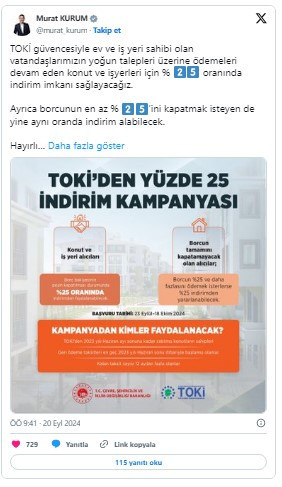 Bakan Kurum TOKİ’nin yüzde 25 indirim kampanyasının detaylarını açıkladı