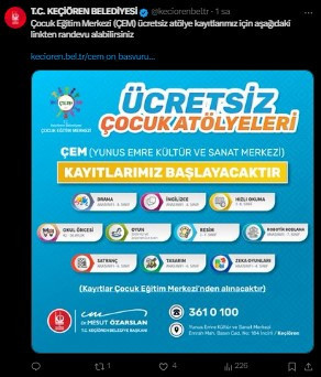 Keçiören Belediyesi Ücretsiz Çocuk Atölyeleri’ne kayıtlar başlıyor