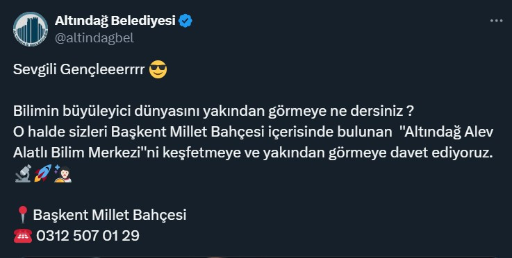 Altındağ Belediyesinden gençlere Alev Alatlı Bilim Merkezini görme daveti