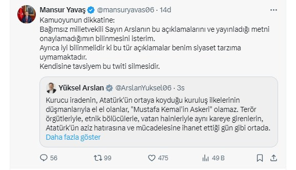 Mansur Yavaş Yüksel Arslan'ın tweetine itiraz etti silmesini tavsiye etti