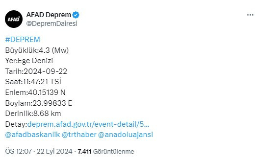 Ege Denizi 4.3 şiddetinde depremle sarsıldı