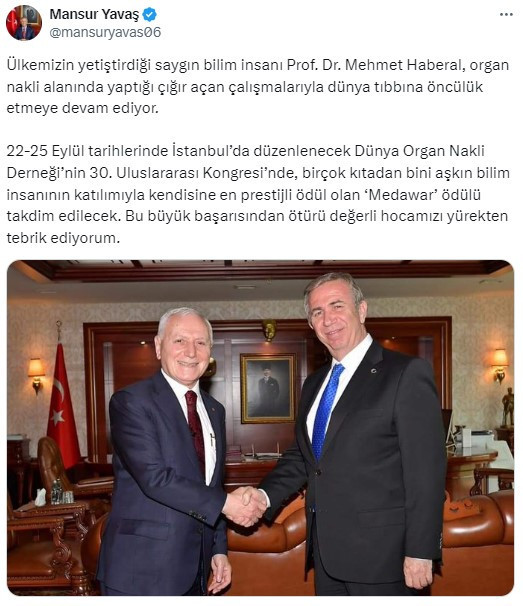 Prof. Dr. Mehmet Haberal Medawar ödülünün sahibi oldu