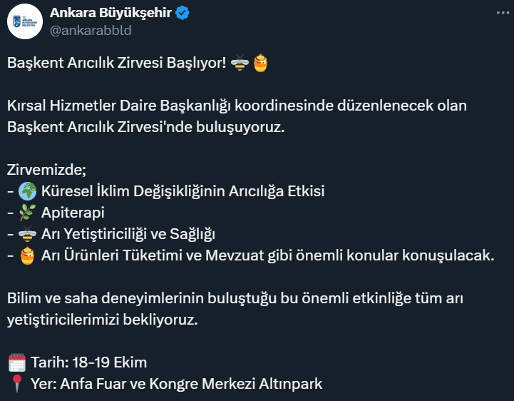 Ankara Büyükşehir Belediyesi Arıcılık Zirvesi düzenleyeceğini duyurdu