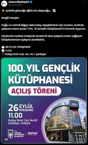 ABB duyurdu: 100. Yıl Gençlik Kütüphanesi yarın açılıyor!