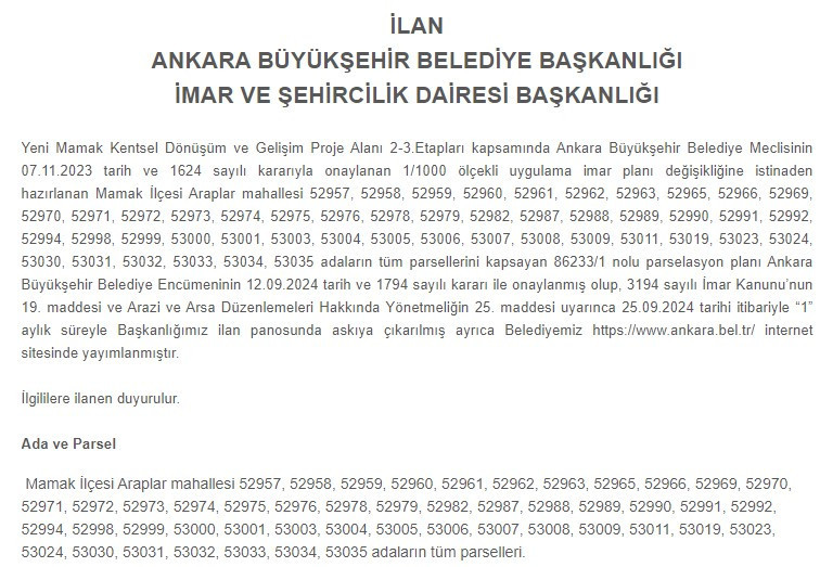 Yeni Mamak Kentsel Dönüşüm projesinde Ankara BB parselasyon planı değişikliği yayımlandı