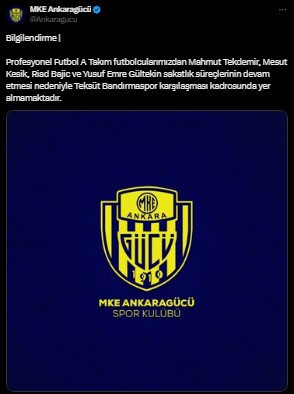 MKE Ankaragücü açıkladı: 4 isim Bandırmaspor karşılaşmasında olmayacak