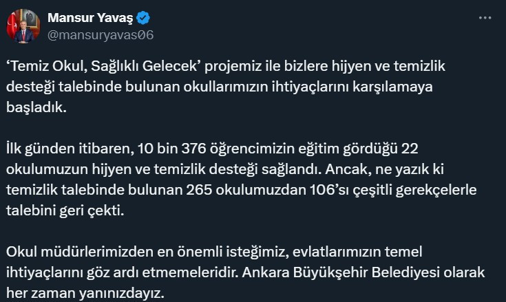 ABB Başkanı Yavaş'tan okul müdürlerine temizlik desteği çağrısı