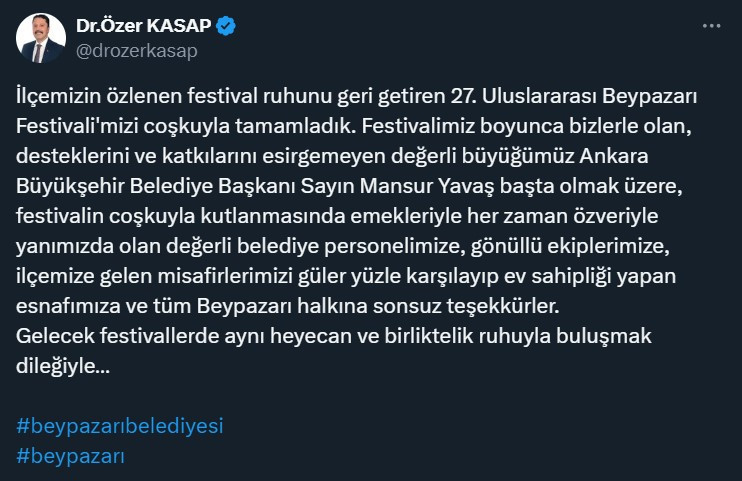 Beypazarı Belediye Başkanı Özer Kasap'tan festival için teşekkür mesajı