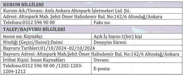 Anfa Ankara Altınpark İşletmeleri 18 yaş üstü işçi alımı bugün sona eriyor